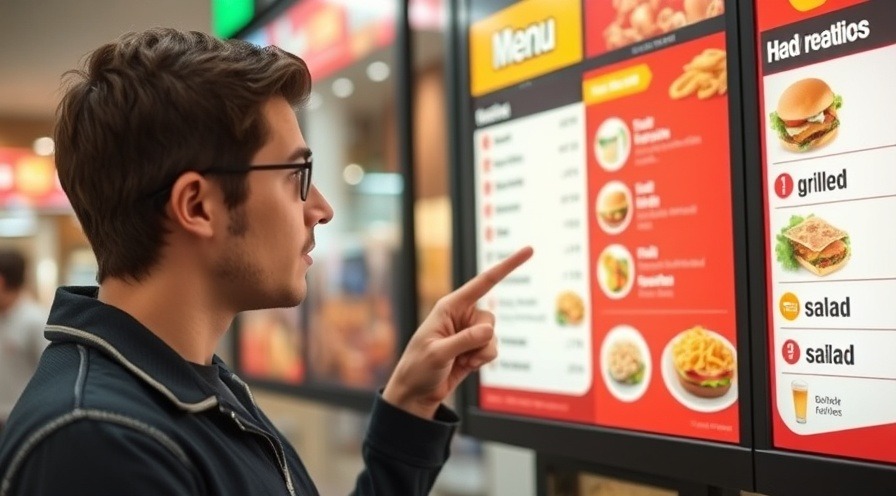 Male thoughtfully choosing healthier fast-food options like grilled and salad.
