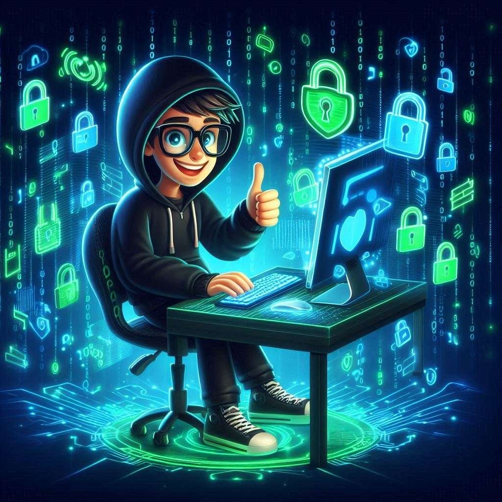 A cheerful cartoon character in a black hoodie and glasses sitting at a glowing computer