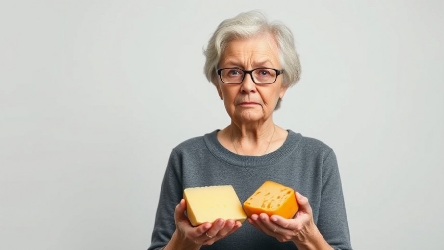 Senior woman holding cheese, highlighting nutrition for seniors to combat sarcopenia.