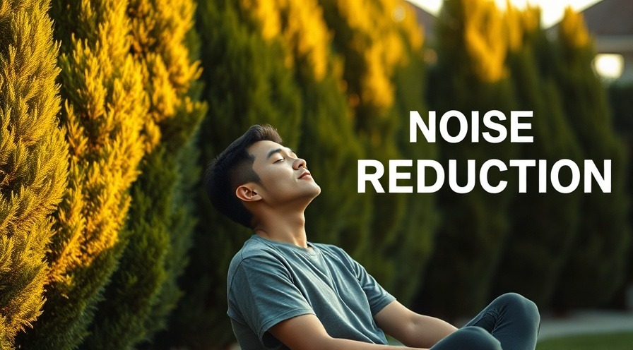 Relaxed person embodied in 'NOISE REDUCTION', peaceful backyard with lush hedges.