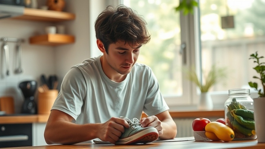 Young adult focused on healthy diet and exercise benefits for ADHD in soft morning light.