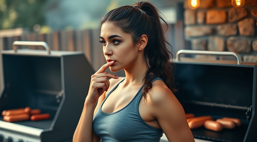 Thoughtful woman in workout gear considering processed meat risks by a grill.