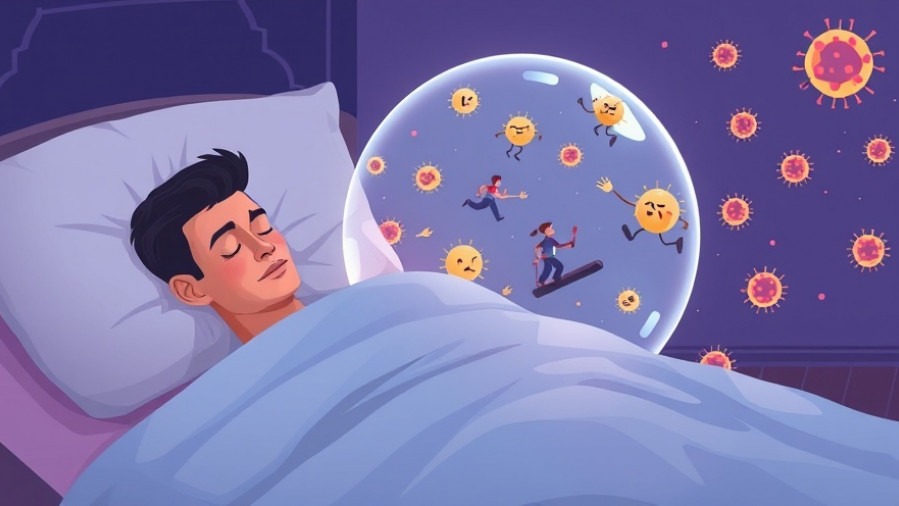 Cozy illustration of a sleeping man with a glowing protection bubble, depicting immune cells at work.