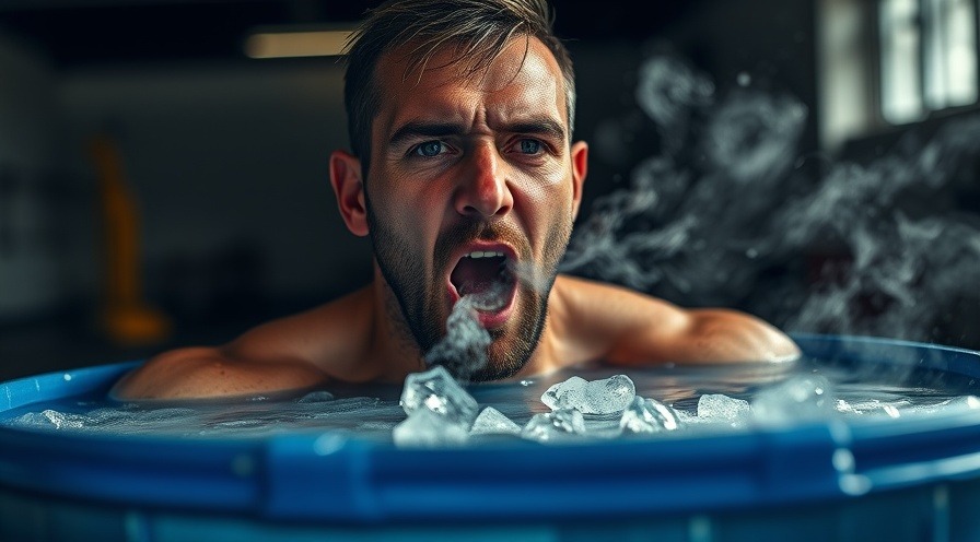 Rugged athlete exhaling sharply in ice water for intense fitness motivation.