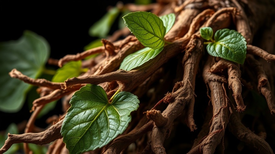 Close-up of raw kudzu roots and leaves, highlighting natural remedies for menopause relief.