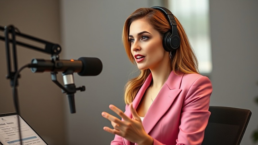 Elegant woman discussing impact of age on egg quality in a modern podcast studio.