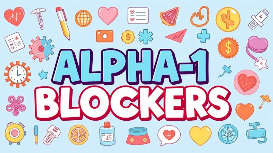 Playful illustration of 'ALPHA-1 BLOCKERS' icons highlighting hypertension treatment and vasodilation effects.