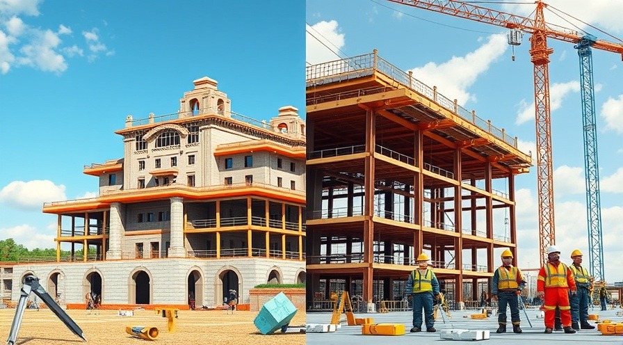 Minecraft building project side by side with a real-world construction site.