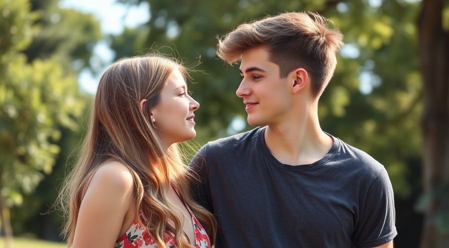 Teen couple discussing birth control options on a summer day.