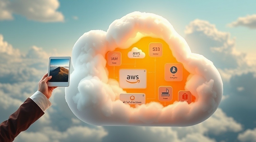 Futuristic cloud infrastructure cross-section with AWS services collaborating.