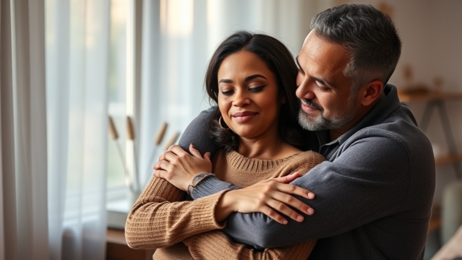 Diverse couple embracing in warm light, showcasing intimacy and peace in a cozy home setting.