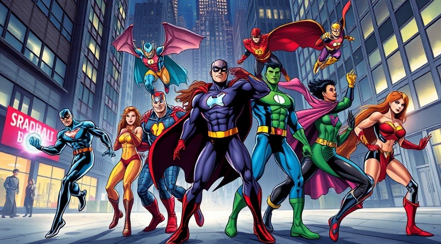 Diverse superheroes teamwork in vibrant urban setting, comic book style.