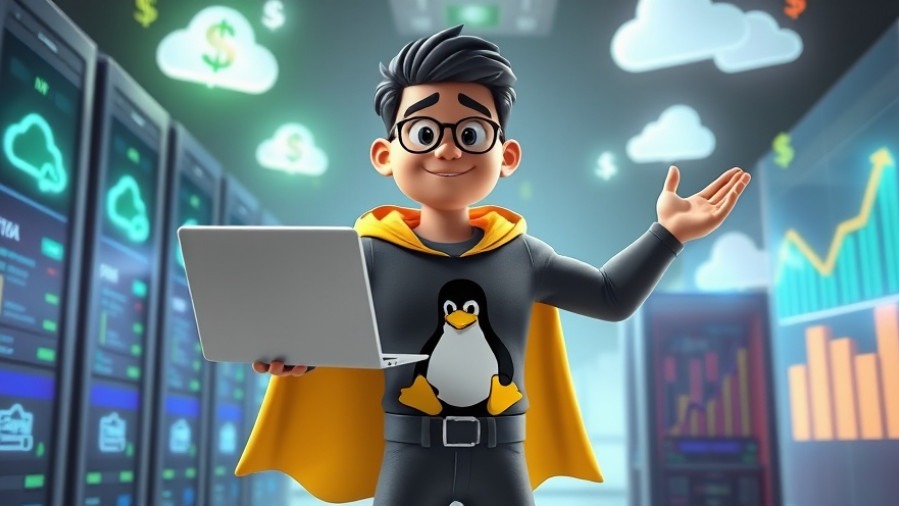 3D Pixar style cartoon of a diverse tech professional becoming a superhero with Linux logo.