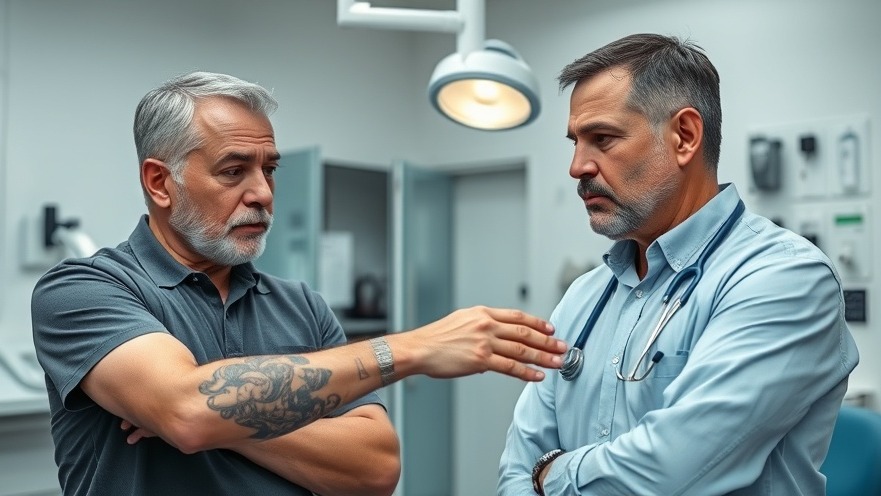Two doctors discussing tattoo risks in a clinical environment.