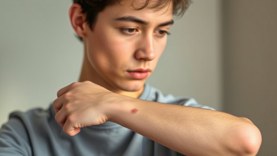 Thoughtful young adult examining mild eczema management on arm in soft lighting.