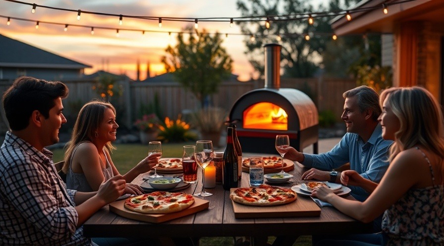 Luxurious backyard dining scene with family enjoying artisan pizzas and Ooni pizza oven.