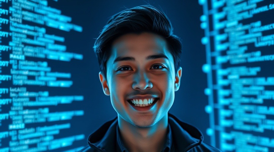 Excited young professional in the spotlight, surrounded by digital prompts.