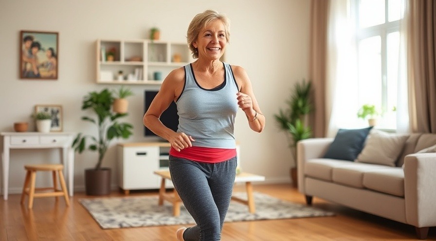 Smiling woman marching in place to burn calories at home
