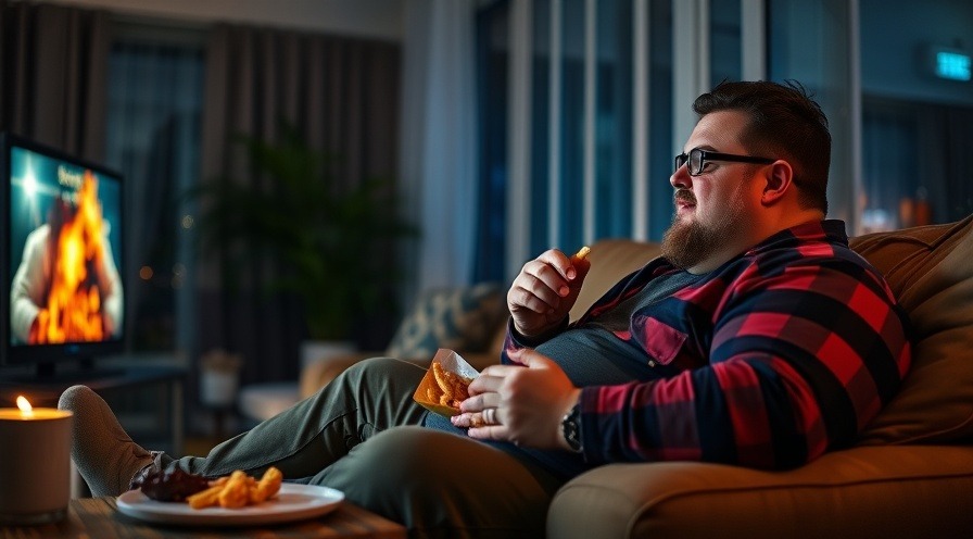 man on couch, enjoying junk food while watching TV, late night snacking.