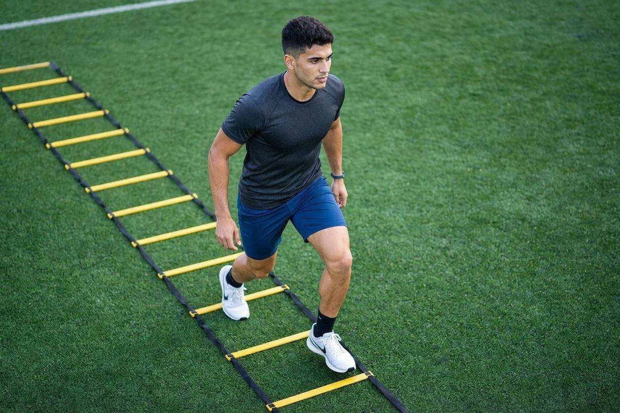 Athlete moving through agility ladder