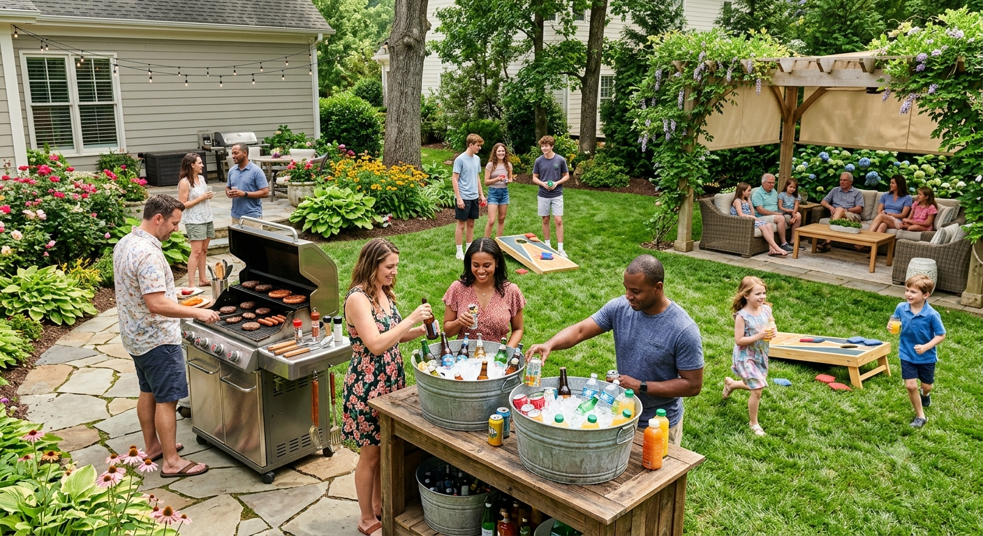 backyard divided into clearly defined entertaining areas