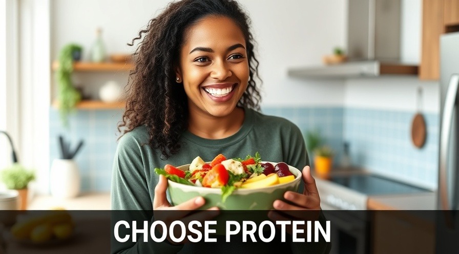 Energetic woman with colorful high-protein meal, highlighting quality protein sources.