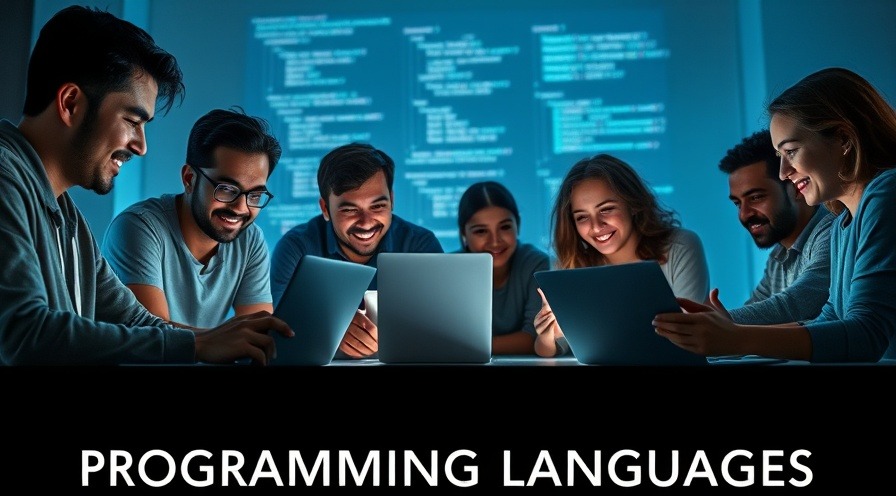 Diverse programmers collaborating, illuminated by code projection in soft evening light.