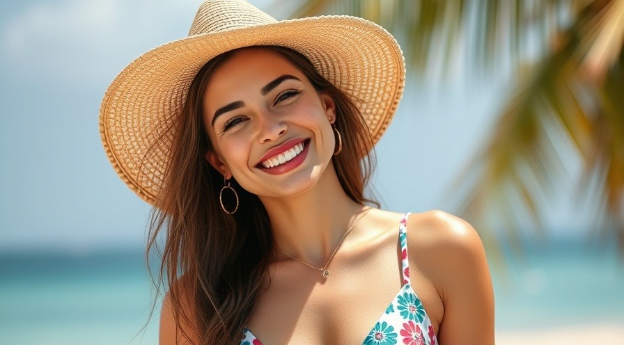 Woman in summer attire smiling, showcasing natural teeth whitening tips.