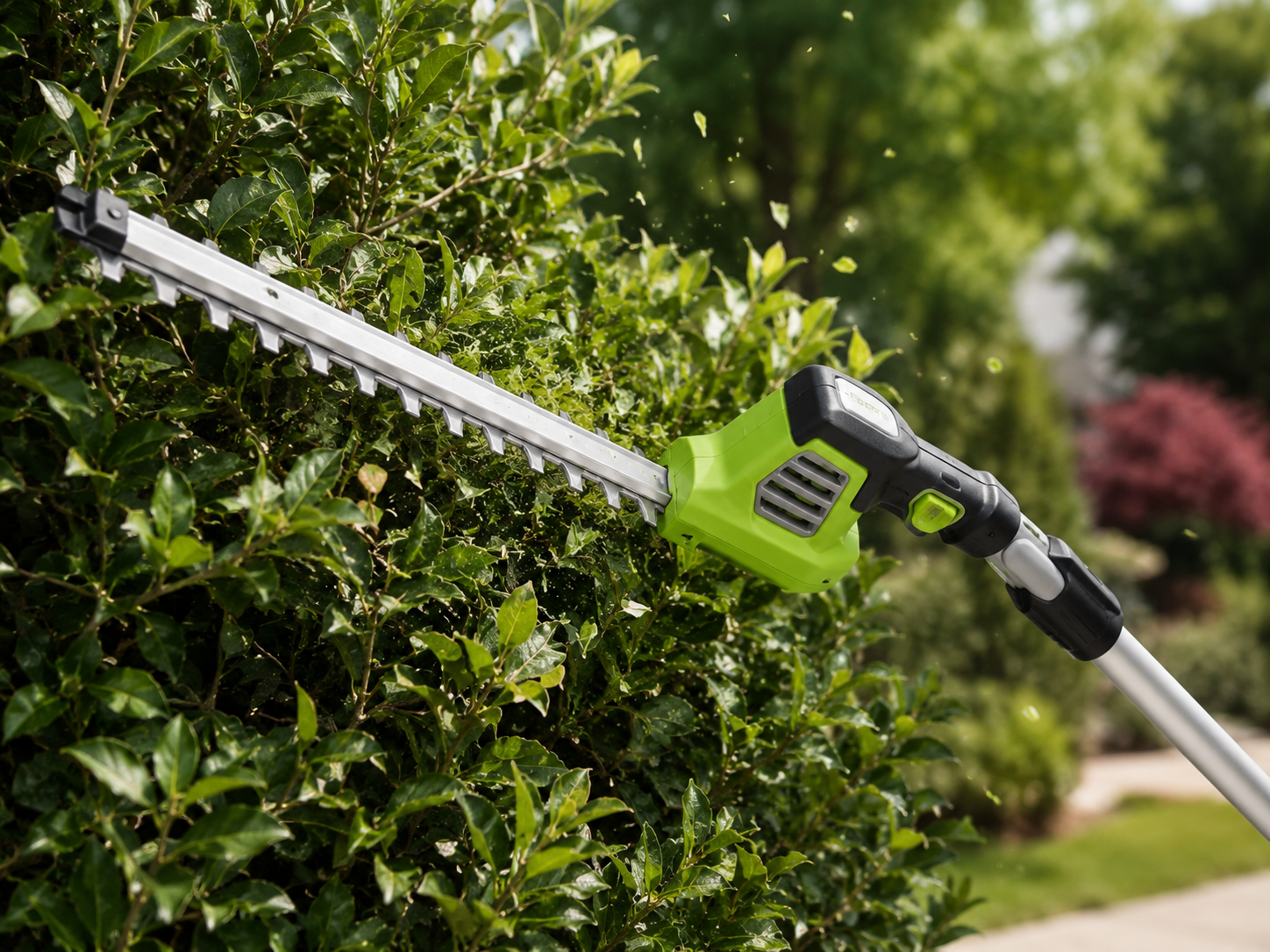 Trimming lush green shrubbery with precision