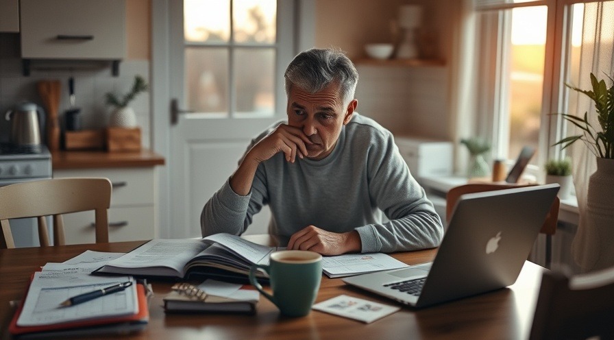 A thoughtful middle-aged adult at a kitchen table, showcasing a realistic morning scene.