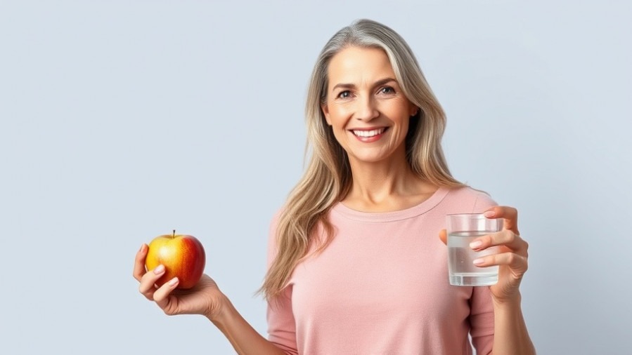 Smiling 52-year-old woman with an apple and water, showcasing menopause health tips for weight loss.