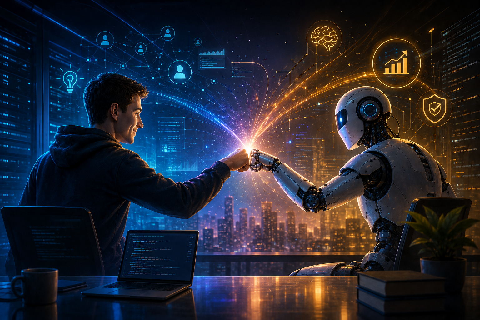 Man and Robot Fist-bump in a futuristic tech world