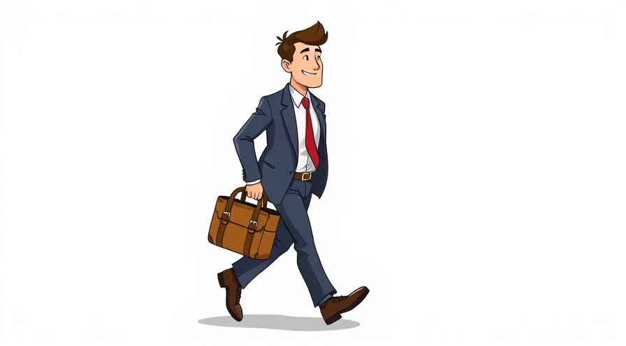Cartoon businessman walking with a tool bag, ready for a new project.
