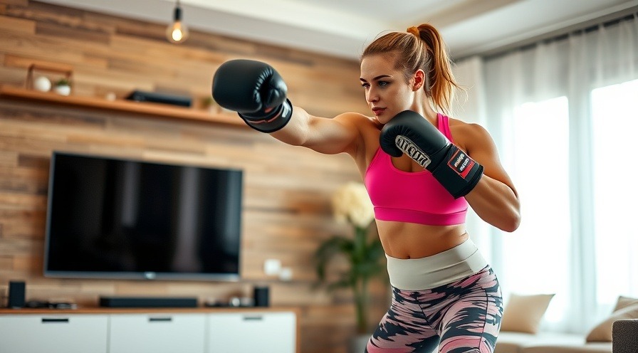 Confident woman mid-kick in home kickboxing workout, vibrant fitness wear, cinematic style.
