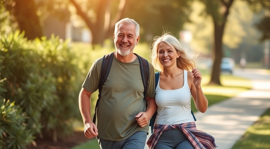 Middle aged couple enjoying a summer morning walk for exercise.