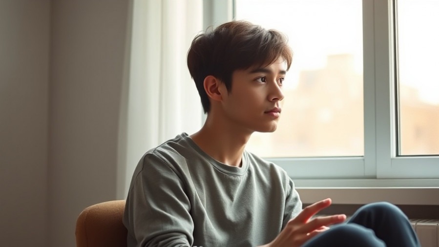 Thoughtful young adult contemplating mental health awareness in soft morning light.