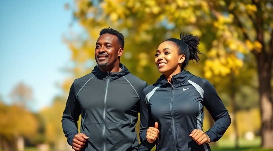 Married couple in jogging suits enjoying a sunny day walk for exercise.