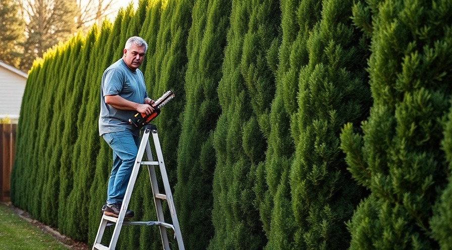 Suburban homeowner on ladder trimming tall arborvitae hedge in backyard.