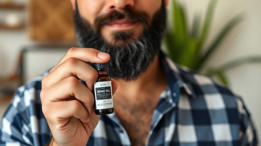 man showcasing beard oil in a small bottle for grooming