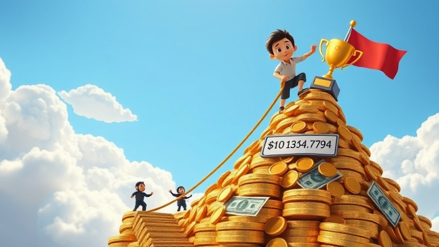 Pixar-style cartoon of a character climbing a mountain of gold coins, showcasing Linux skills.