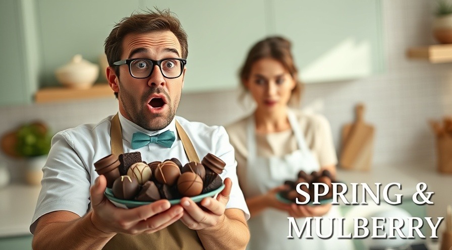 Surprised chocolatier showcases assorted chocolates in a modern kitchen.