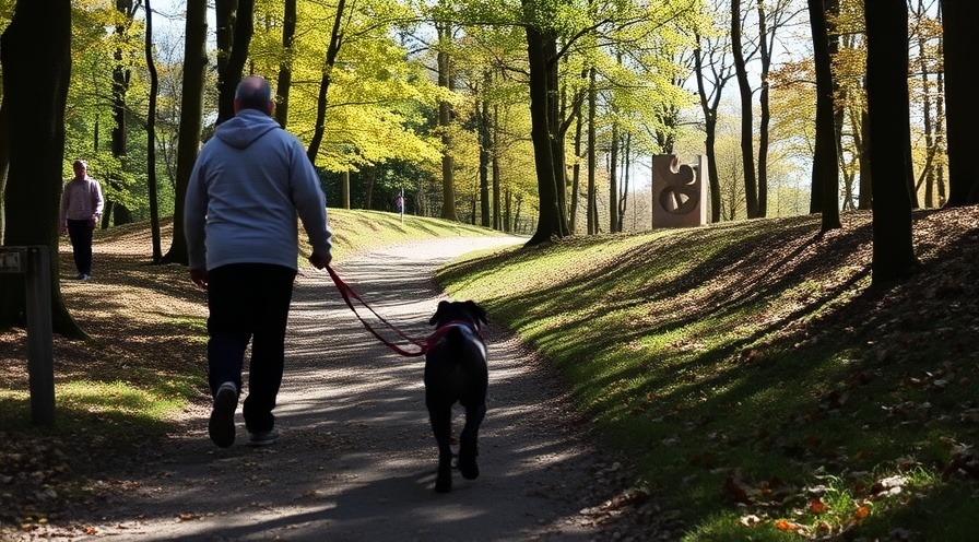 Dog walking on a wooded trail with autumn colors and outdoor sculpture