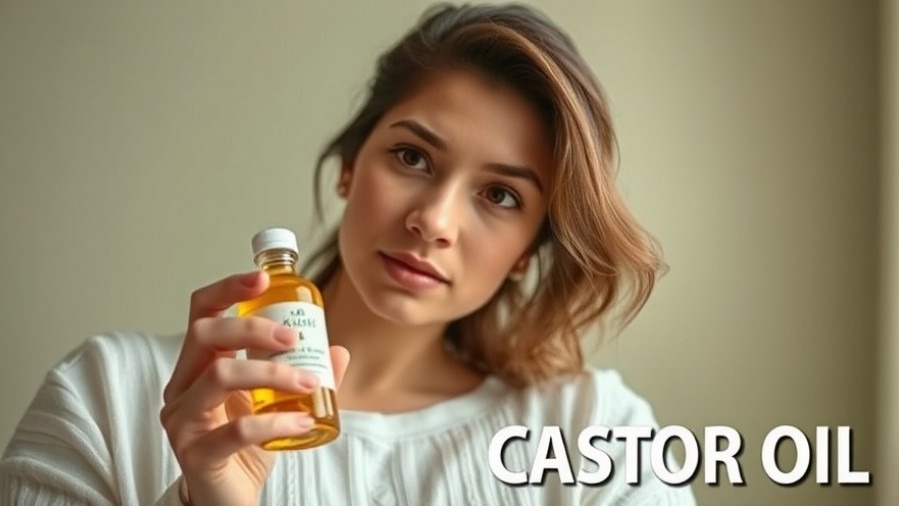 Thoughtful woman with castor oil bottle, exploring health benefits and myths.