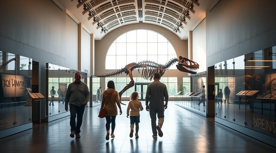 Family exploring a natural history museum with dinosaur skeletons.