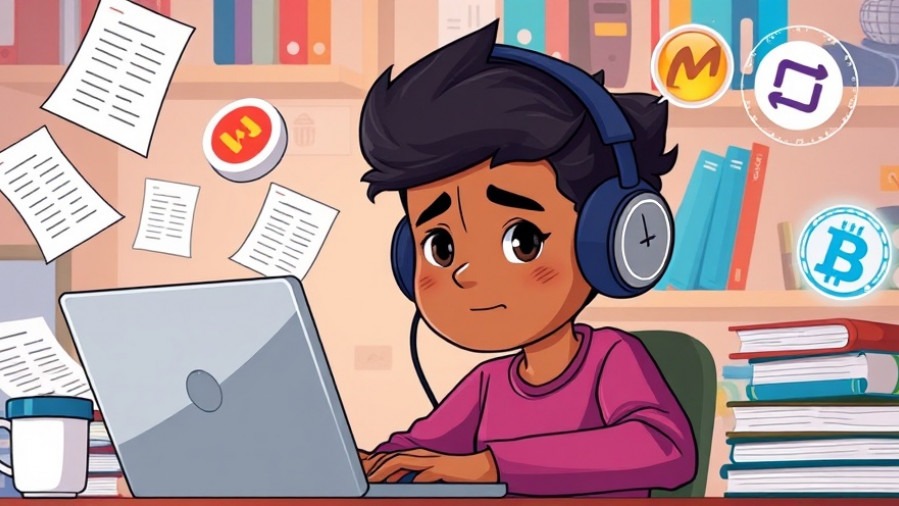 Diverse student focused on coding with headphones, surrounded by study tools and books.