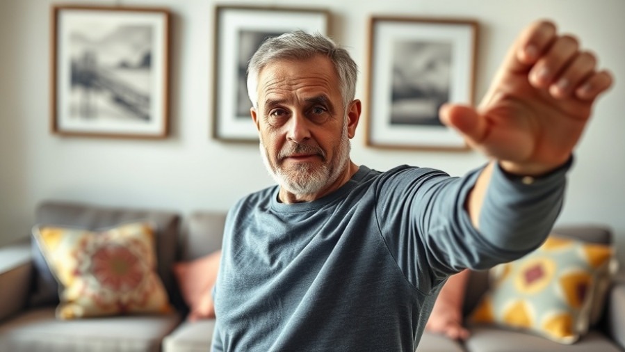 Middle-aged man demonstrating flexibility exercises for daily stretch benefits indoors.