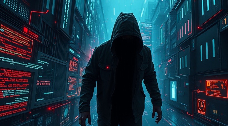 Futuristic hacker navigating a glowing digital landscape with security barriers.