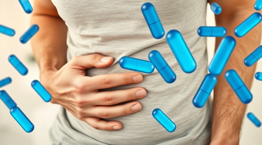 Serene middle-aged person holding stomach with vitamin B₁₂ capsules in background.