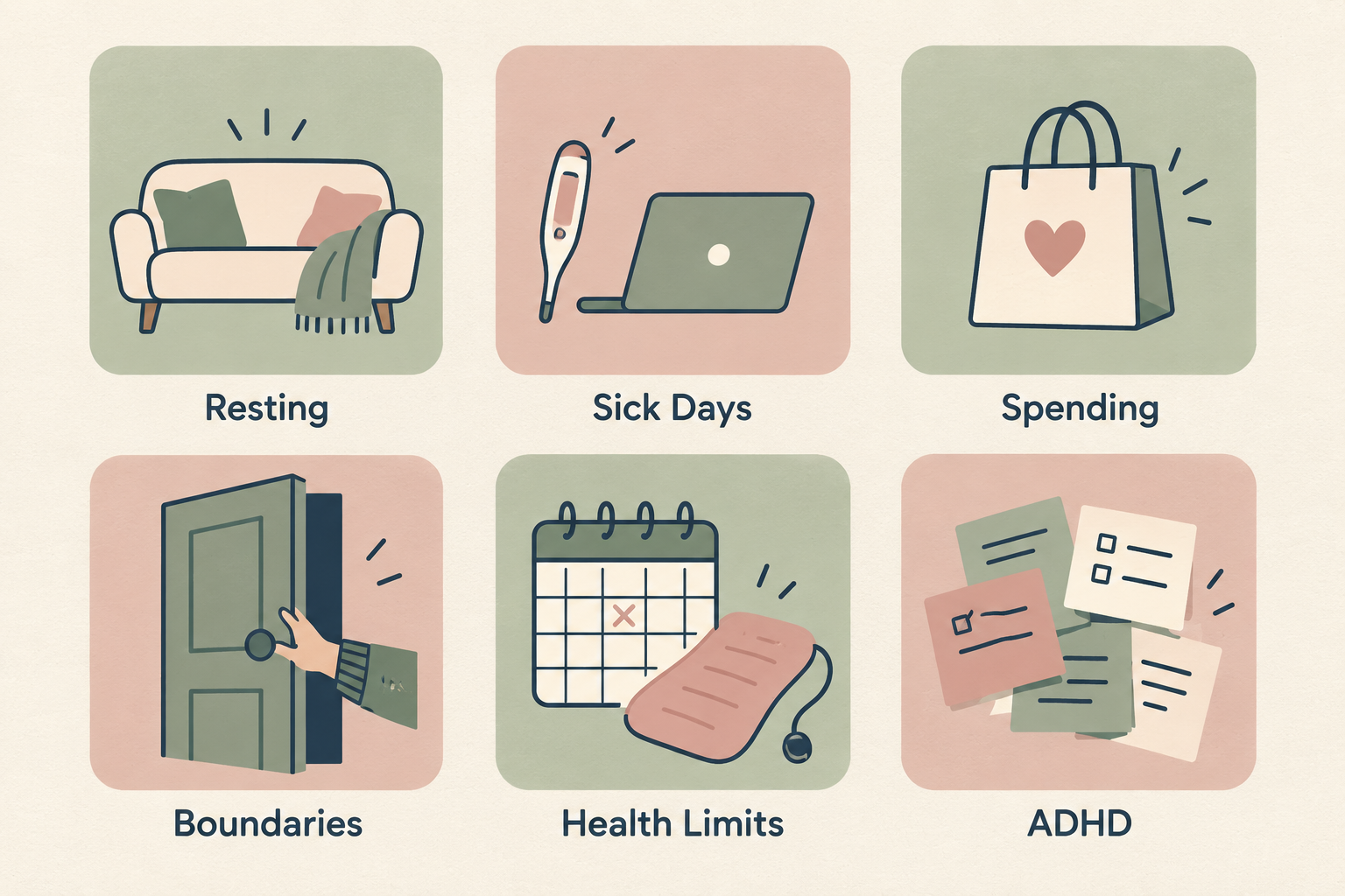 Six-panel personal wellbeing icon grid