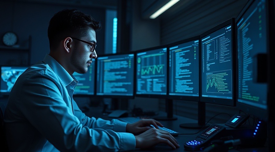 Focused cybersecurity analyst at a modern workstation with multiple screens and blue glow.